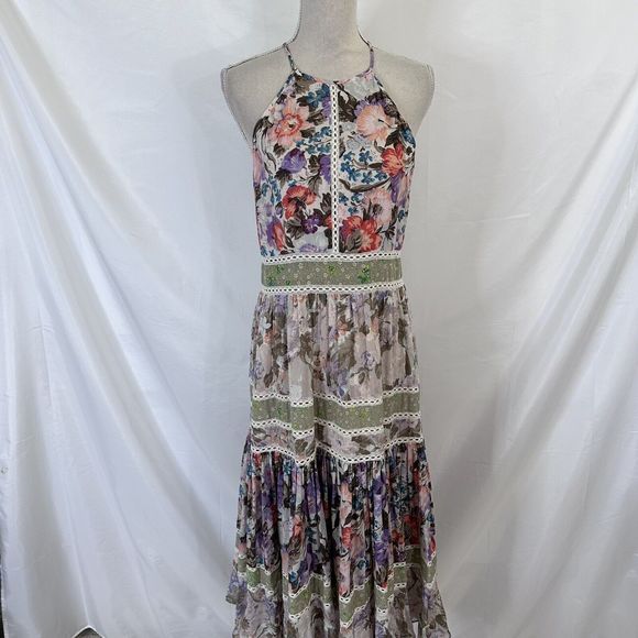 Rebecca Taylor Mixed Floral High-Neck Sleeveless Midi Dress Size 8 - Picture 2 of 9